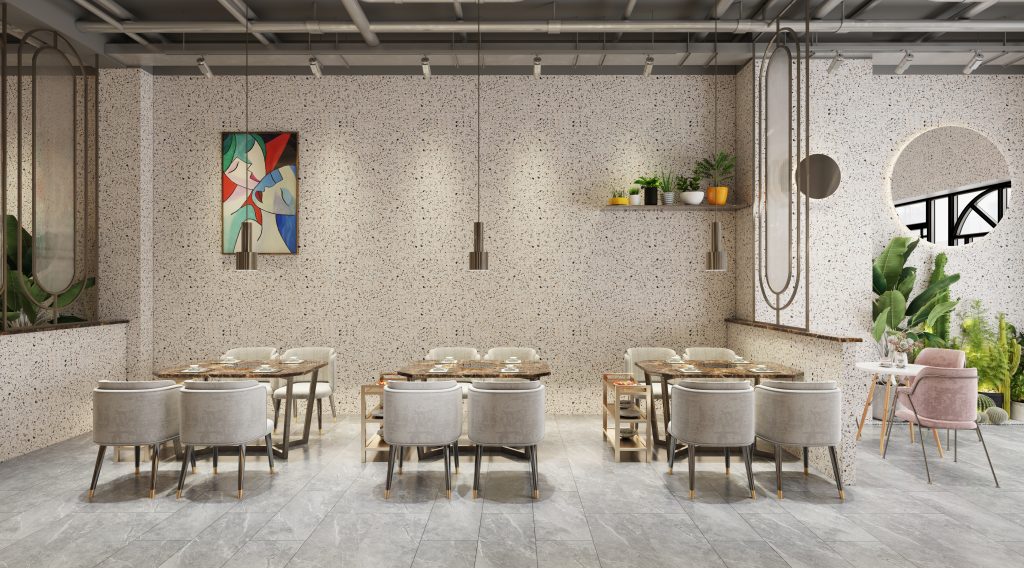 墙体一体化餐饮店装修效果图-小蓝鲸石晶地板石晶墙板