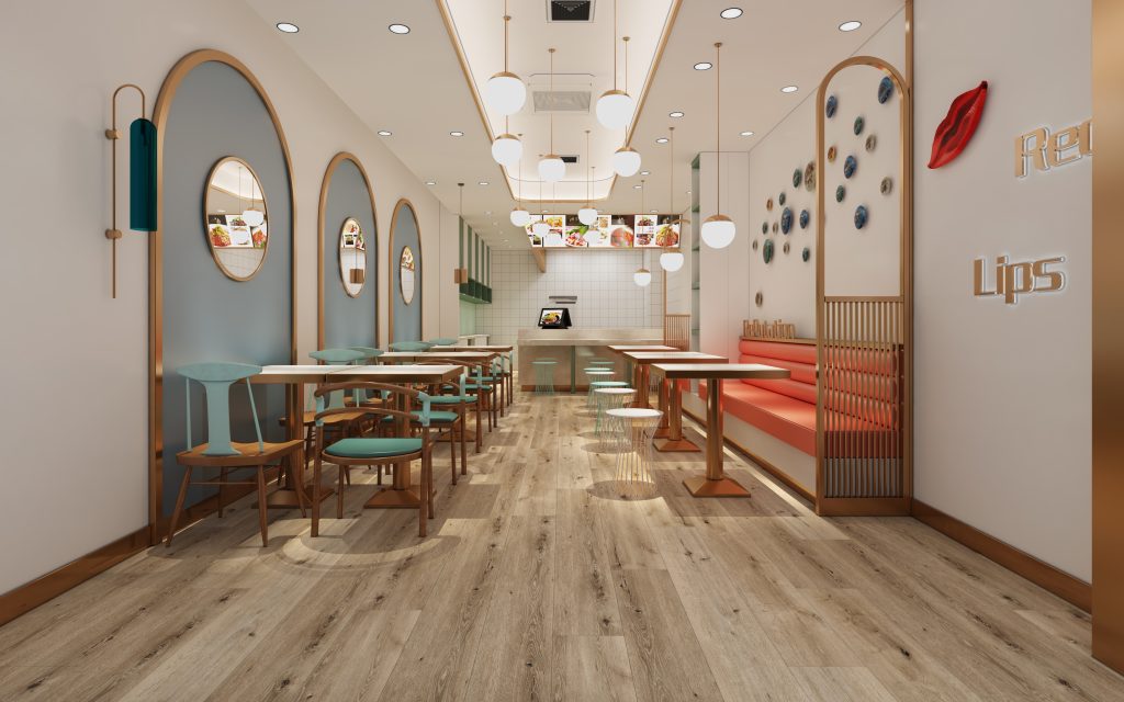 小蓝鲸石晶地板和石晶墙板一体化餐饮店装修效果图
